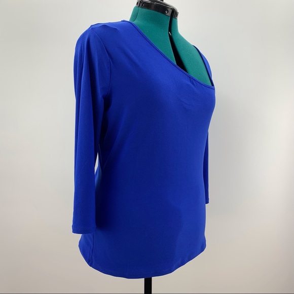 AUW NWT Blue Asymmetrical Neck 3/4 sleeve Top, Medium - Picture 9 of 16